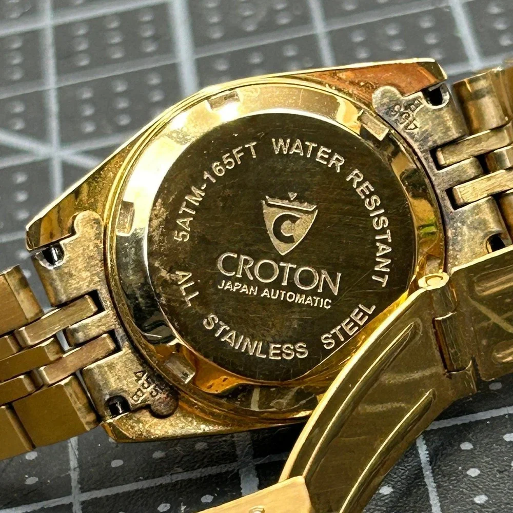 Croton Automatic Gold Tone Watch Fluted‎ Bezel Crystal Markers Tested